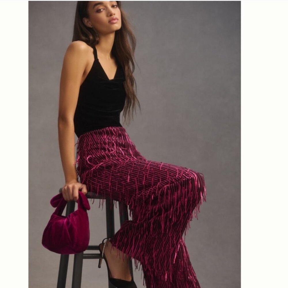 NWT Anthropologie Maeve Fringed Sequined Wide-Leg Pants 8